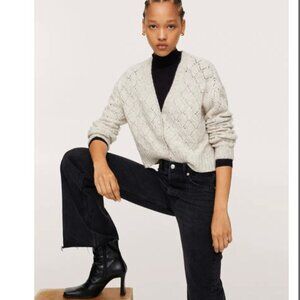 Mango Pearl Button Knitted Cropped Cardigan Light Beige Grey Size Small